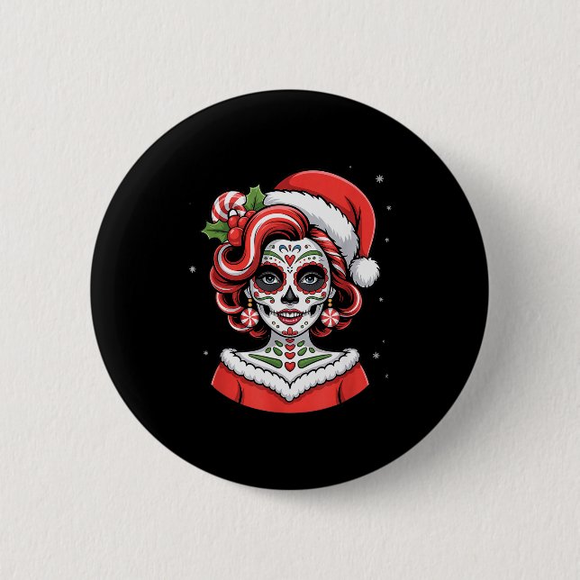 Christmas Sugar Skull Art Woman Santa Hat Festive  6 Cm Round Badge (Front)