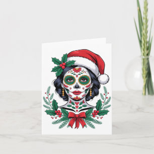 Christmas Sugar Skull Art Woman Santa Hat Festive Card