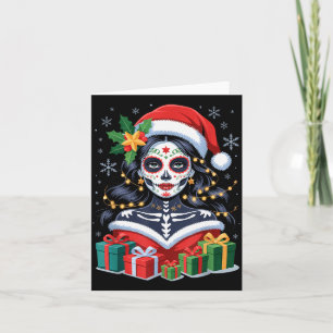 Christmas Sugar Skull Art Woman Santa Hat Festive  Card