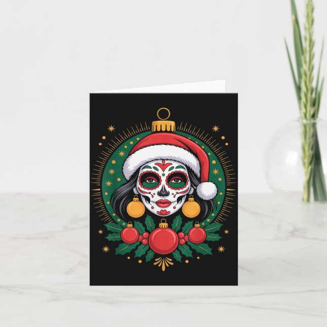 Christmas Sugar Skull Art Woman Santa Hat Festive  Card (Front)
