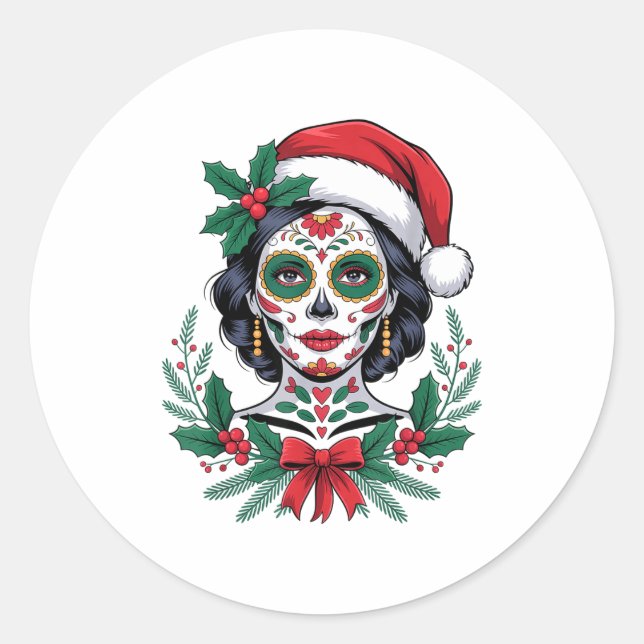 Christmas Sugar Skull Art Woman Santa Hat Festive  Classic Round Sticker (Front)