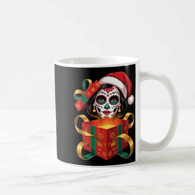 Christmas Sugar Skull Art Woman Santa Hat Festive  Coffee Mug (Right)