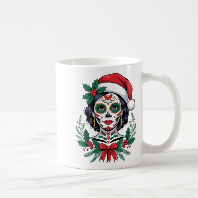 Christmas Sugar Skull Art Woman Santa Hat Festive  Coffee Mug (Right)