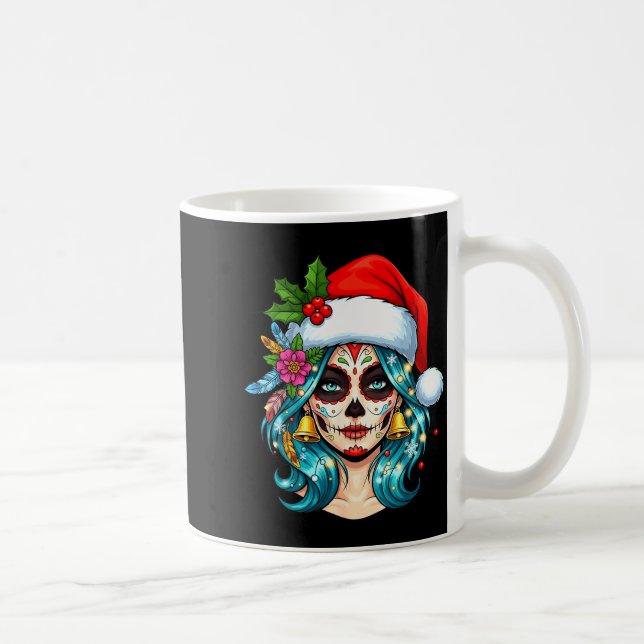Christmas Sugar Skull Art Woman Santa Hat Festive  Coffee Mug (Right)