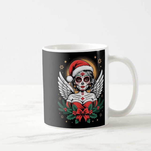 Christmas Sugar Skull Art Woman Santa Hat Festive  Coffee Mug (Right)