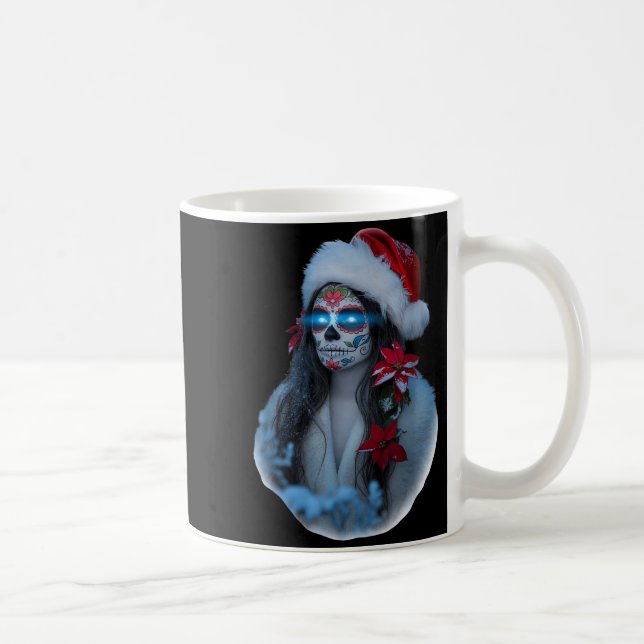 Christmas Sugar Skull Art Woman Santa Hat Festive  Coffee Mug (Right)