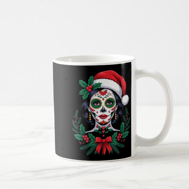 Christmas Sugar Skull Art Woman Santa Hat Festive  Coffee Mug (Right)