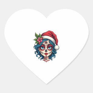 Christmas Sugar Skull Art Woman Santa Hat Festive Heart Sticker