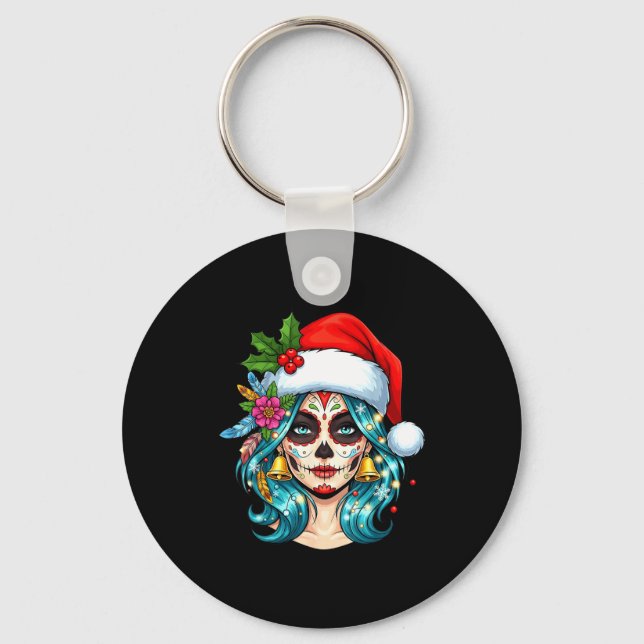 Christmas Sugar Skull Art Woman Santa Hat Festive  Key Ring (Front)