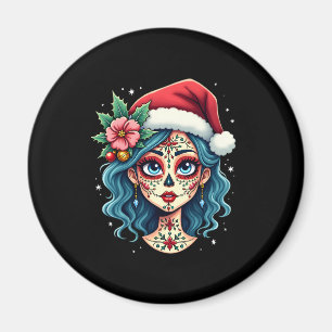 Christmas Sugar Skull Art Woman Santa Hat Festive  Magnet