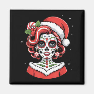 Christmas Sugar Skull Art Woman Santa Hat Festive Magnet