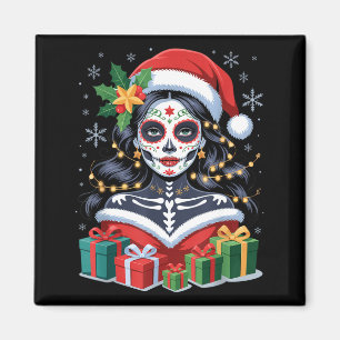 Christmas Sugar Skull Art Woman Santa Hat Festive Magnet