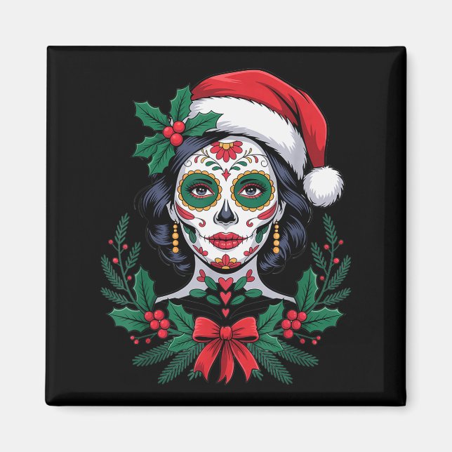 Christmas Sugar Skull Art Woman Santa Hat Festive  Magnet (Front)