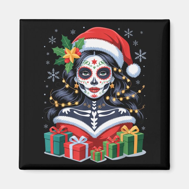 Christmas Sugar Skull Art Woman Santa Hat Festive  Magnet (Front)