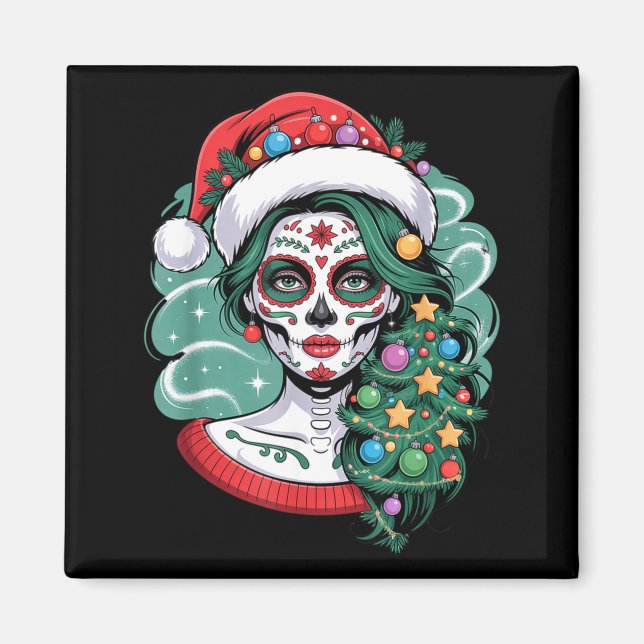 Christmas Sugar Skull Art Woman Santa Hat Festive  Magnet (Front)