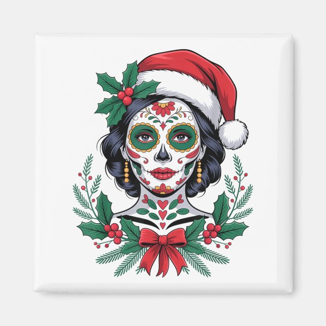 Christmas Sugar Skull Art Woman Santa Hat Festive  Magnet (Front)