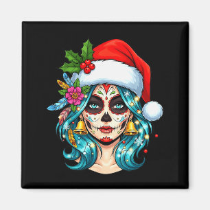 Christmas Sugar Skull Art Woman Santa Hat Festive Magnet