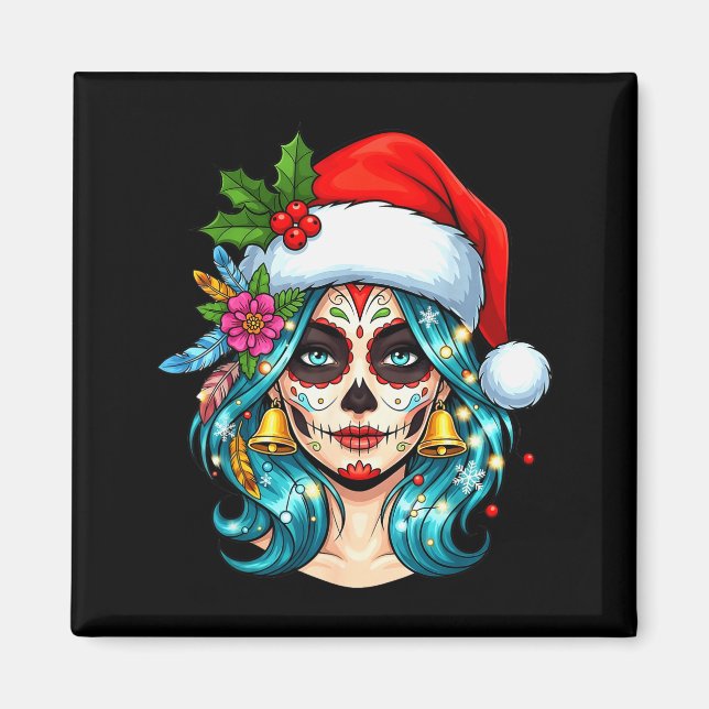 Christmas Sugar Skull Art Woman Santa Hat Festive  Magnet (Front)