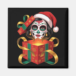 Christmas Sugar Skull Art Woman Santa Hat Festive Magnet