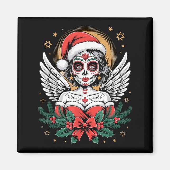 Christmas Sugar Skull Art Woman Santa Hat Festive  Magnet (Front)