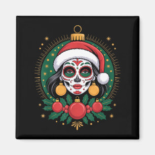 Christmas Sugar Skull Art Woman Santa Hat Festive Magnet