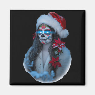 Christmas Sugar Skull Art Woman Santa Hat Festive Magnet