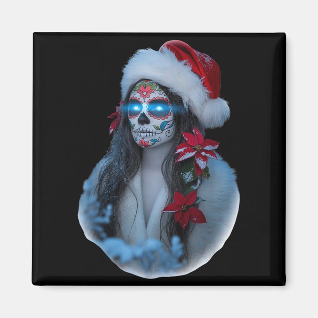 Christmas Sugar Skull Art Woman Santa Hat Festive  Magnet (Front)