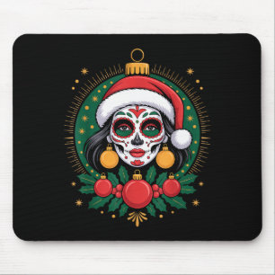 Christmas Sugar Skull Art Woman Santa Hat Festive Mouse Pad