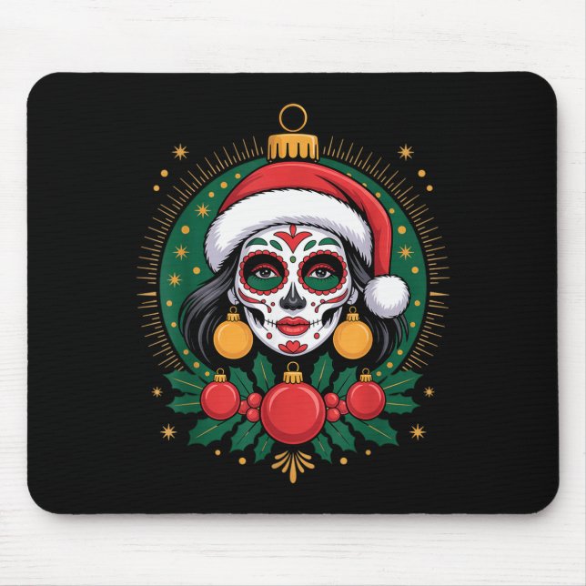 Christmas Sugar Skull Art Woman Santa Hat Festive  Mouse Pad (Front)