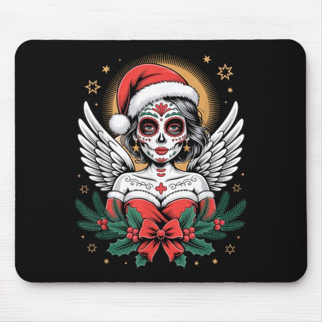 Christmas Sugar Skull Art Woman Santa Hat Festive  Mouse Pad (Front)