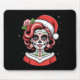 Christmas Sugar Skull Art Woman Santa Hat Festive Mouse Pad