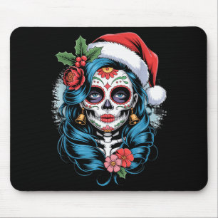 Christmas Sugar Skull Art Woman Santa Hat Festive Mouse Pad