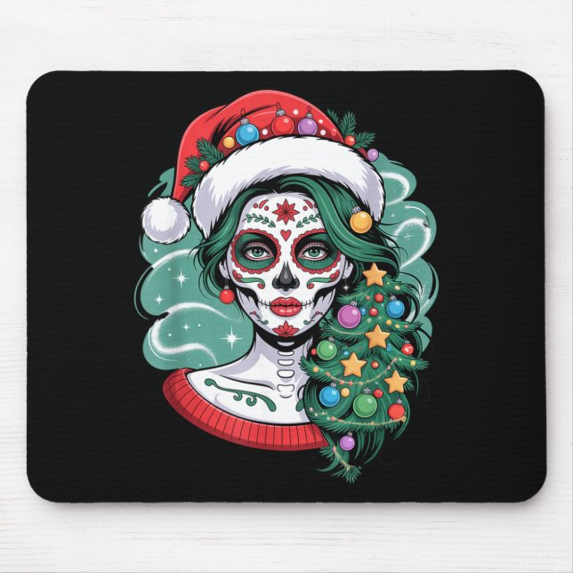 Christmas Sugar Skull Art Woman Santa Hat Festive  Mouse Pad (Front)