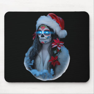 Christmas Sugar Skull Art Woman Santa Hat Festive Mouse Pad