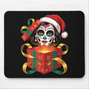 Christmas Sugar Skull Art Woman Santa Hat Festive Mouse Pad