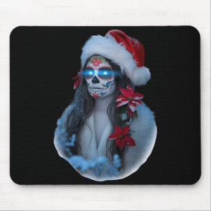 Christmas Sugar Skull Art Woman Santa Hat Festive Mouse Pad