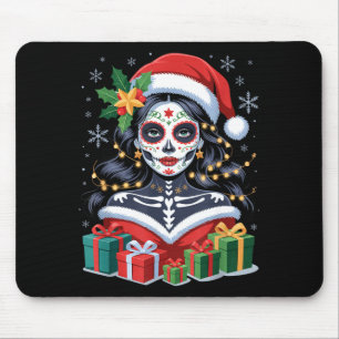 Christmas Sugar Skull Art Woman Santa Hat Festive Mouse Pad