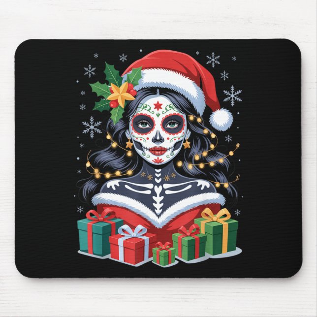 Christmas Sugar Skull Art Woman Santa Hat Festive  Mouse Pad (Front)