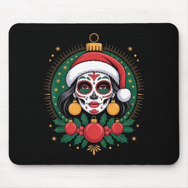 Christmas Sugar Skull Art Woman Santa Hat Festive  Mouse Pad (Front)
