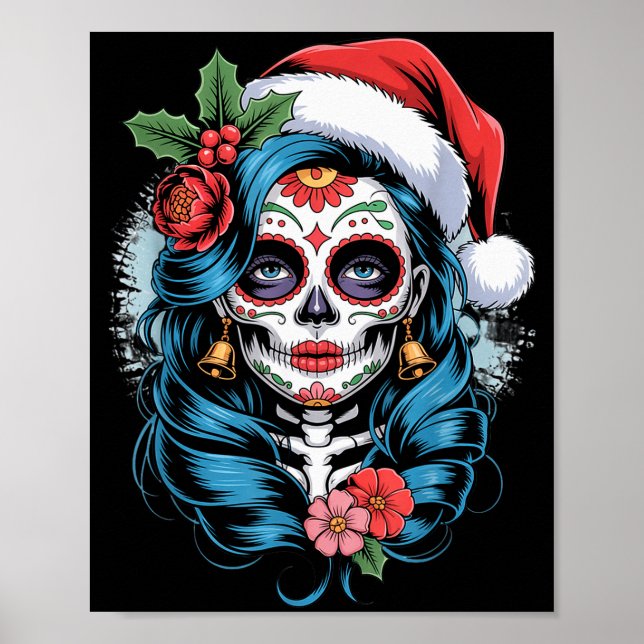 Christmas Sugar Skull Art Woman Santa Hat Festive  Poster (Front)