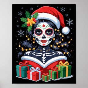 Christmas Sugar Skull Art Woman Santa Hat Festive  Poster