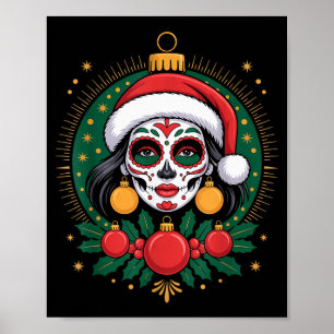 Christmas Sugar Skull Art Woman Santa Hat Festive  Poster