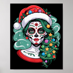 Christmas Sugar Skull Art Woman Santa Hat Festive  Poster