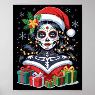 Christmas Sugar Skull Art Woman Santa Hat Festive Poster