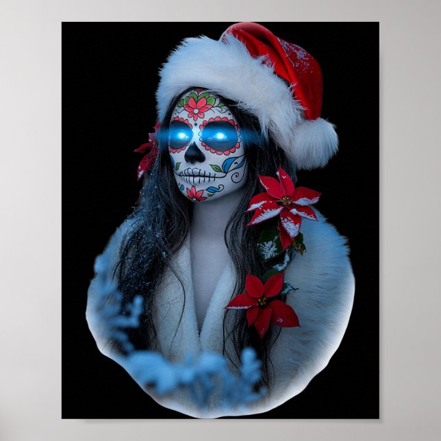Christmas Sugar Skull Art Woman Santa Hat Festive  Poster (Front)