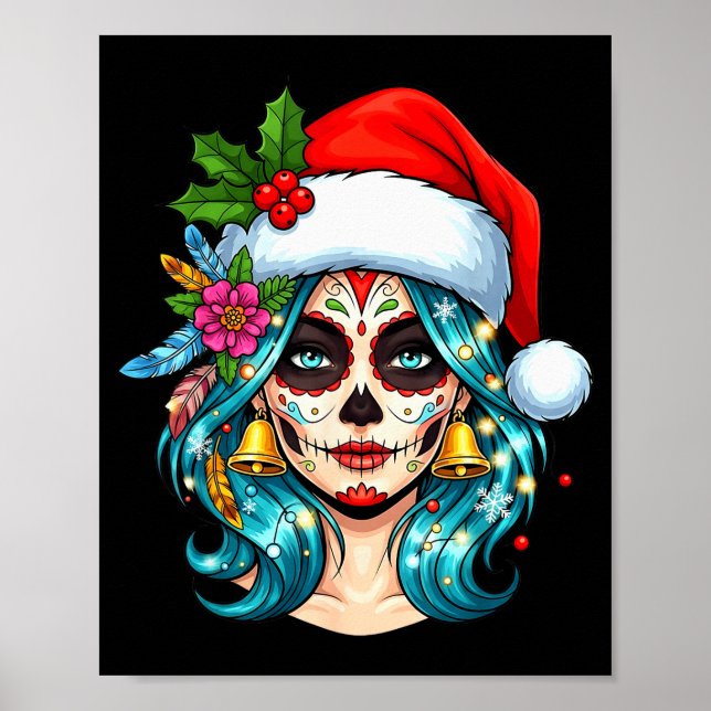 Christmas Sugar Skull Art Woman Santa Hat Festive  Poster (Front)