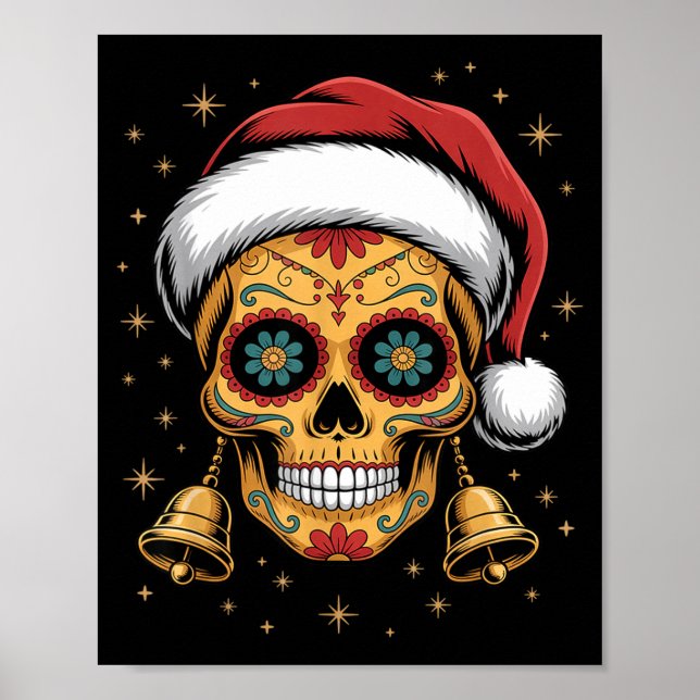 Christmas Sugar Skull Art Woman Santa Hat Festive  Poster (Front)