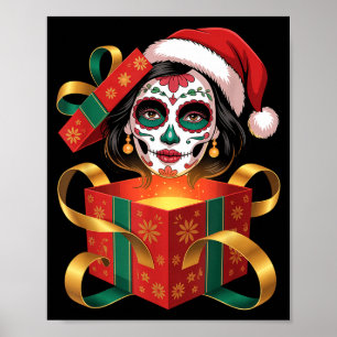 Christmas Sugar Skull Art Woman Santa Hat Festive Poster