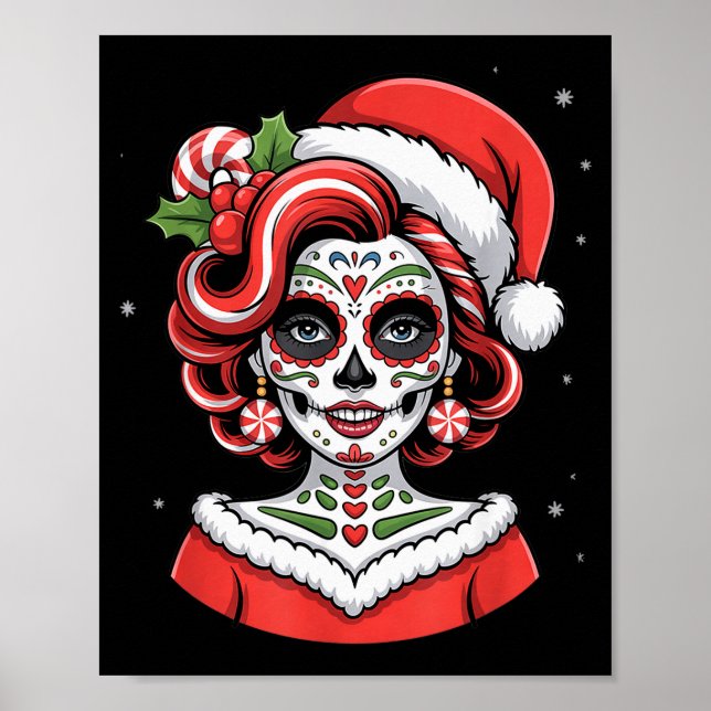 Christmas Sugar Skull Art Woman Santa Hat Festive  Poster (Front)
