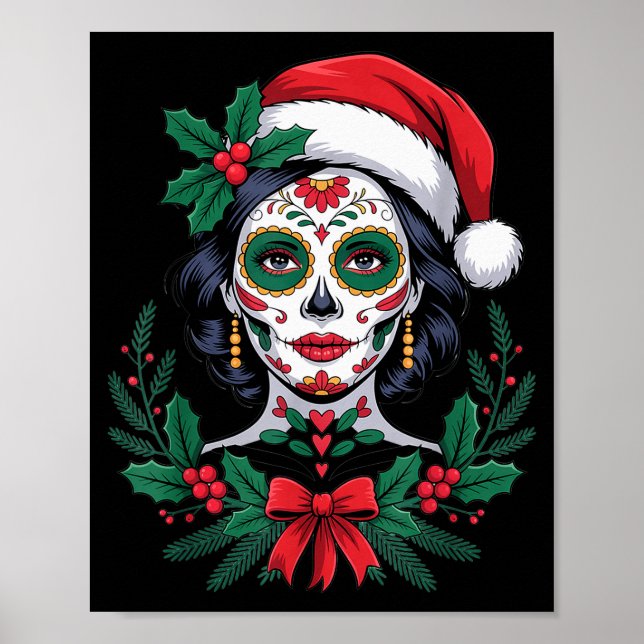 Christmas Sugar Skull Art Woman Santa Hat Festive  Poster (Front)
